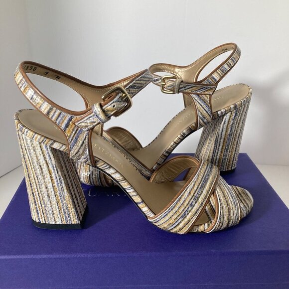 Womens Stuart Weitzman Sunlover Beige Weave Nappa Heeled Leather Sandal 9N - Picture 1 of 11